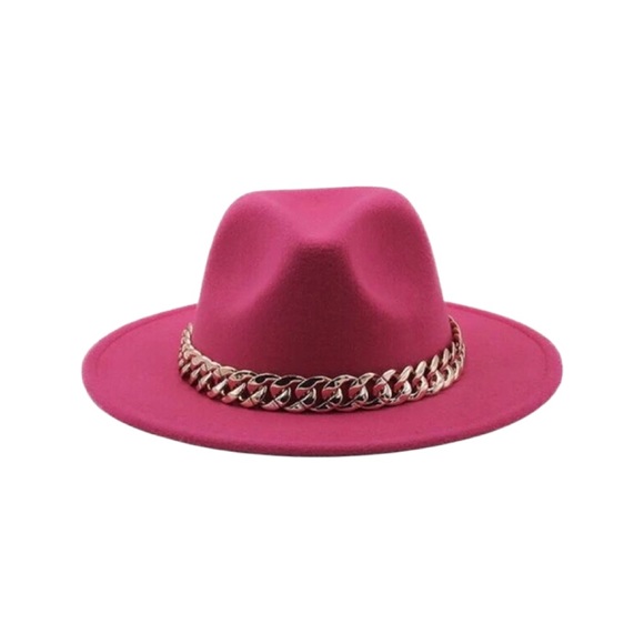 NWOT Stunning 2 pcs Set/Hot Pink Big Brimmed Fedora Hat/Chain Purse - Picture 4 of 6